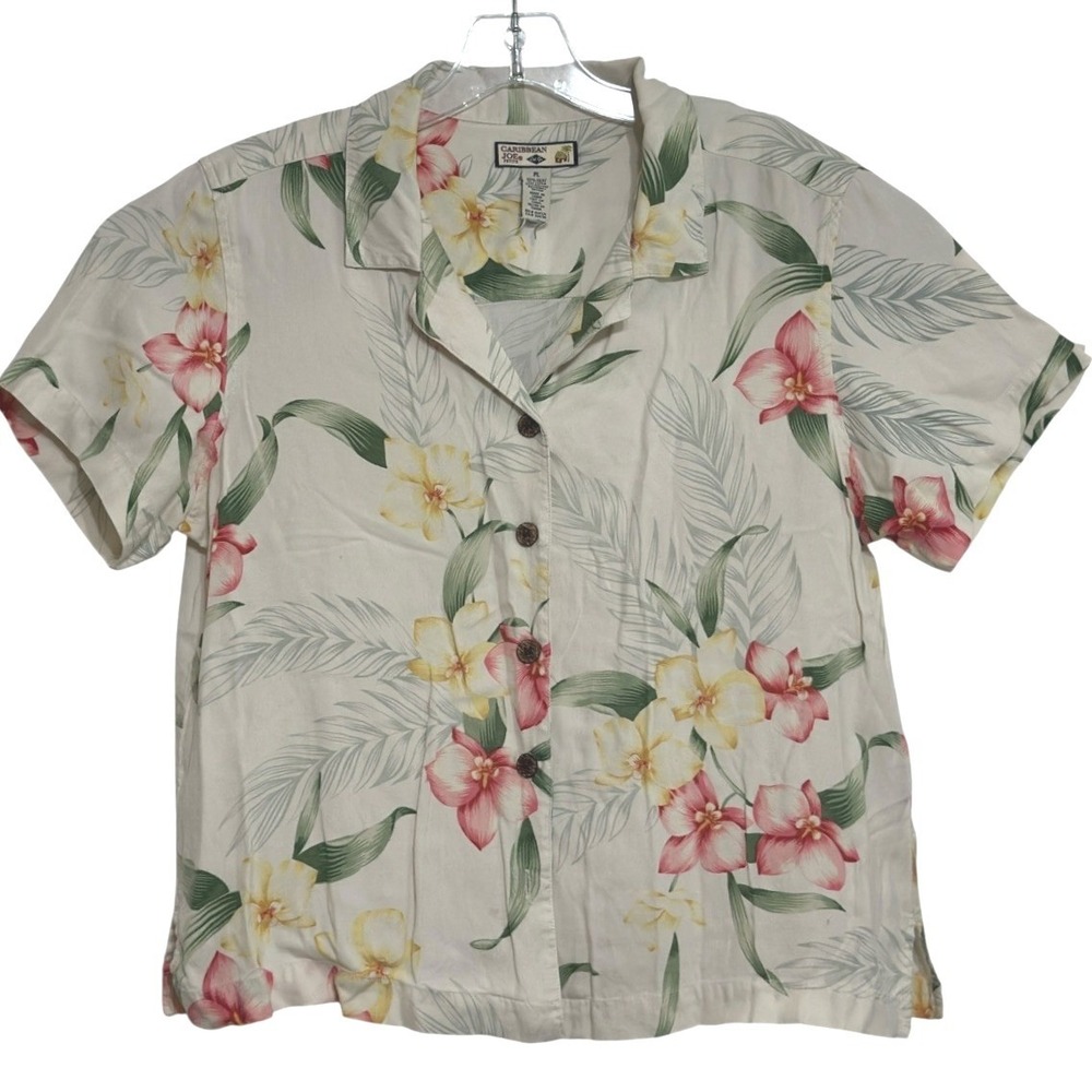 Caribbean Joe Shirt Womens Cream Tropical Floral Silk Blend Camp Beach Luau PL